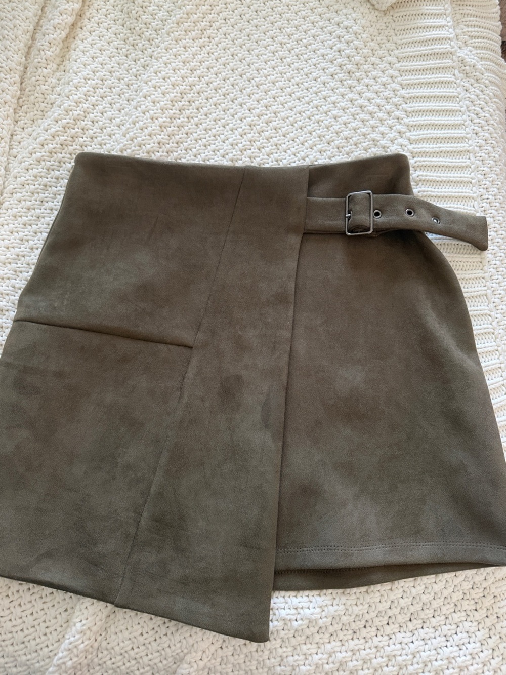 AKIRA Olive Suede Wrap Mini Skirt with Buckle Detail